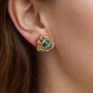 Vintage Enamel Bee Stud Earrings Gold Teal Rhinestone Mid Century Whimsical